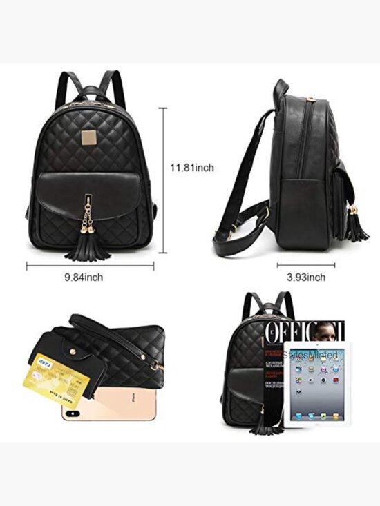 Mini Vegan Leather Quilted Backpack Purse Set with Tassel main image 5